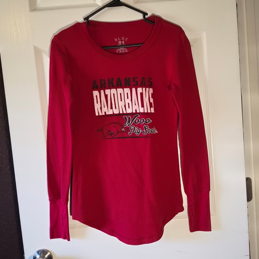 Vintage Blue 84 Arkansas Razorbacks Red Thermal Waffle Knit Shirt Women Medium